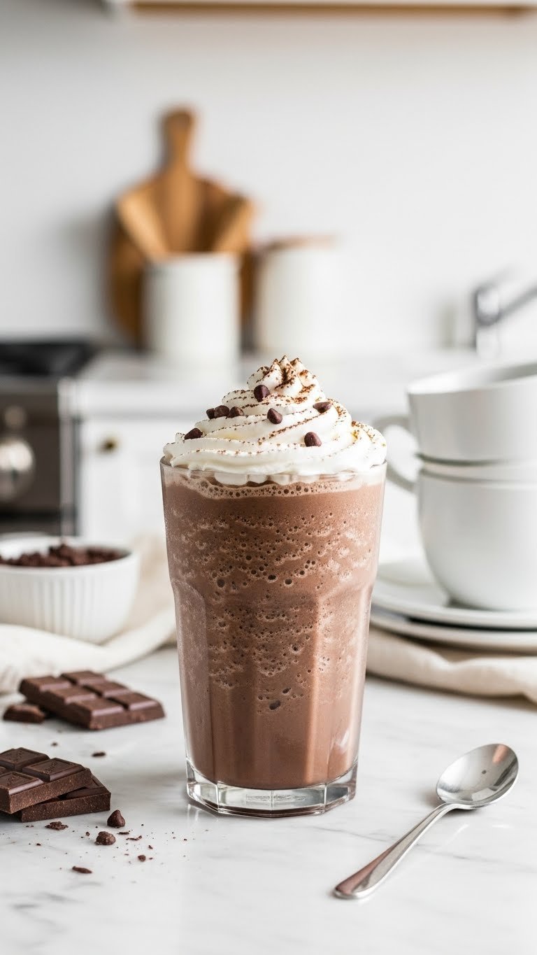 Easy Premier Protein Coffee Recipes: 11 Delicious Drinks 5 Decadent chocolate mocha protein frappe in a frosty glass, with whipped cream and cocoa, on a sleek marble countertop.