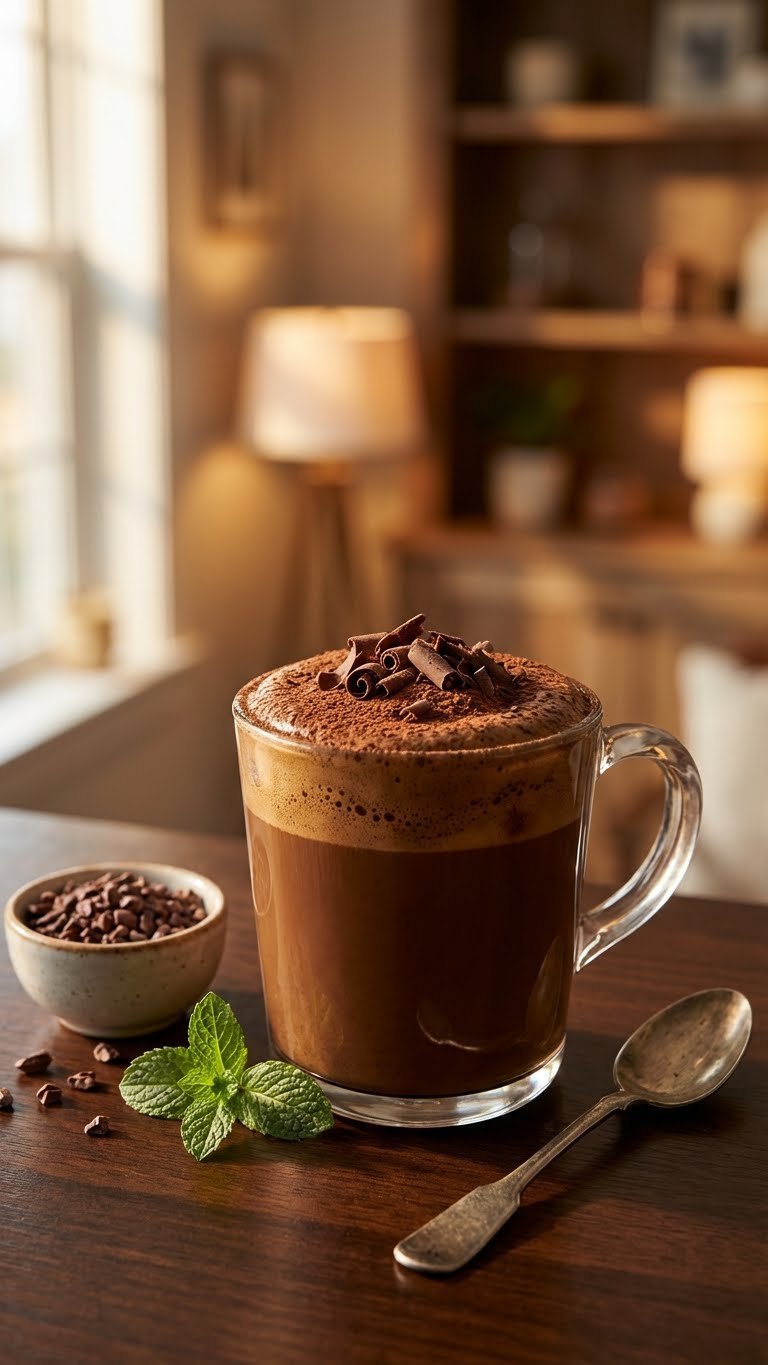 Mushroom Whipped Coffee: Ultimate Recipe for Focus & Energy 11 Decadent chocolate mushroom whipped coffee in a clear mug, topped with cocoa powder and chocolate shavings on a wooden table.