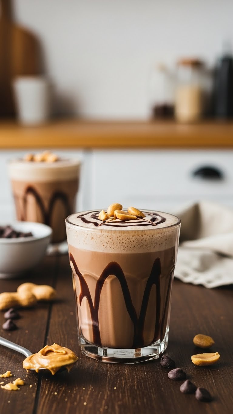 Decadent chocolate peanut butter protein coffee with swirls of peanut butter and chocolate syrup on a dark wooden table.