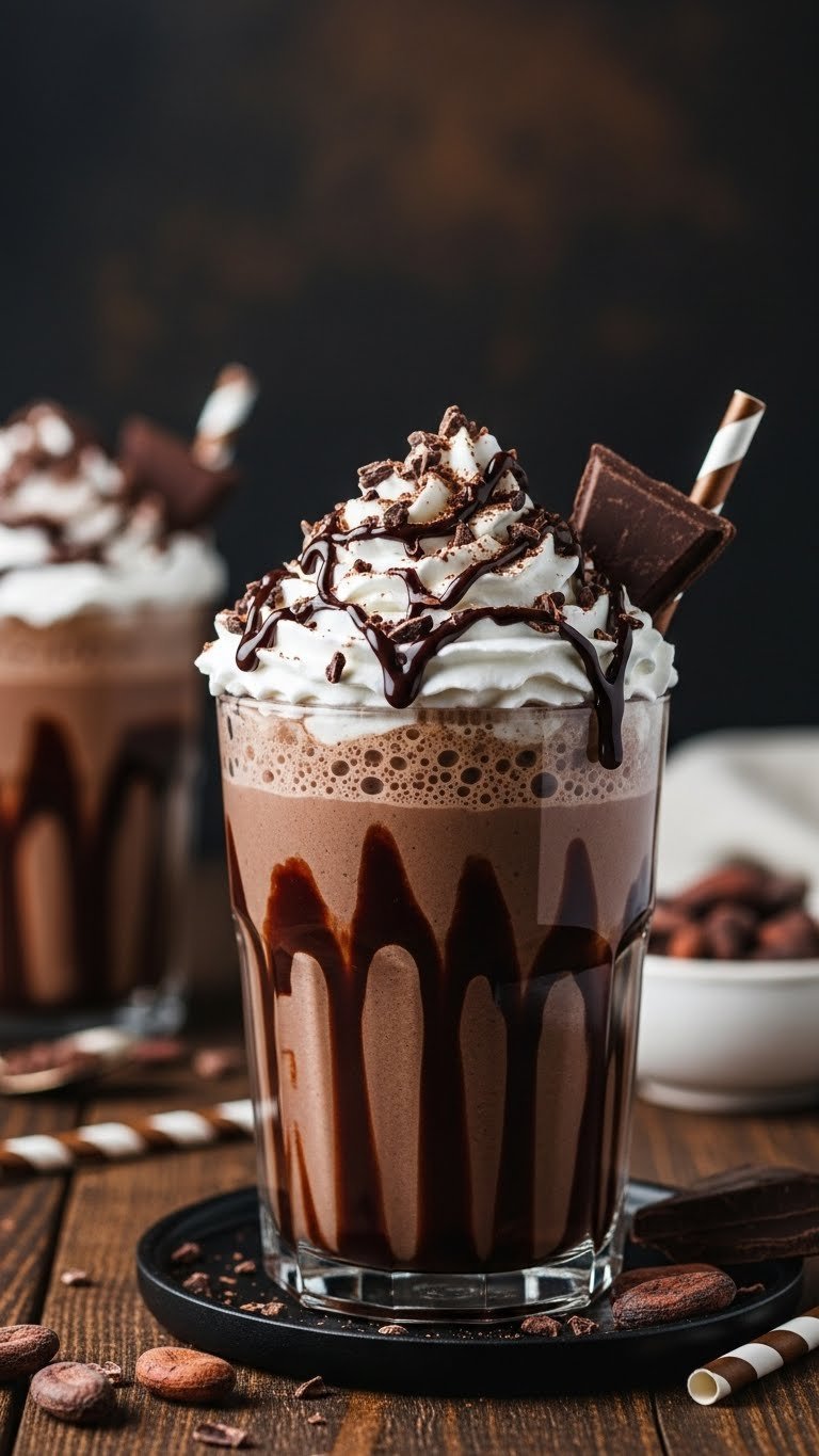 Decadent chocolate protein coffee with whipped cream & chocolate shavings, drizzled sauce, dark wood table.