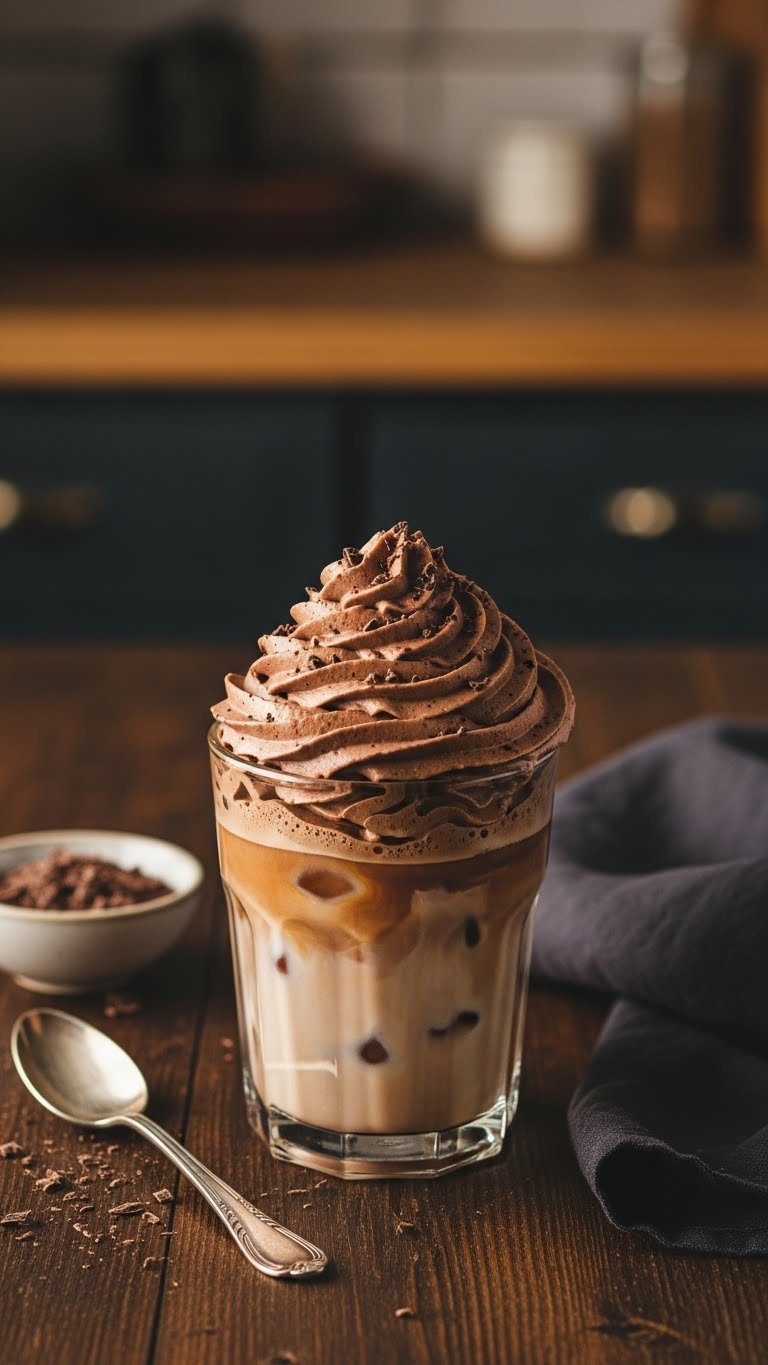 Decadent chocolate protein whipped coffee with dark foam and cocoa dusting over a coffee-milk base on a dark wooden table.