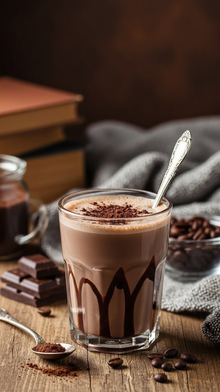 Protein Coffee Shake: 7 Easy Recipes for Energy & Health 3 Decadent dark mocha protein coffee shake with chocolate syrup, cocoa powder, and dark chocolate on a rustic wooden table.