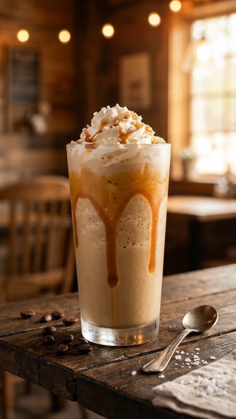 Protein Coffee Smoothie: Delicious Energy & Muscle Boost 11 Decadent iced caramel protein coffee shake with whipped cream, caramel drizzle, and sea salt in a frosted glass on dark wood.