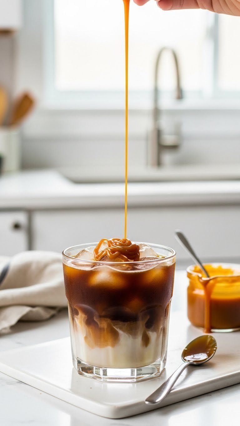 Decadent iced coffee with caramel drizzle in clear glass on white ceramic surface with caramel pot and spoon