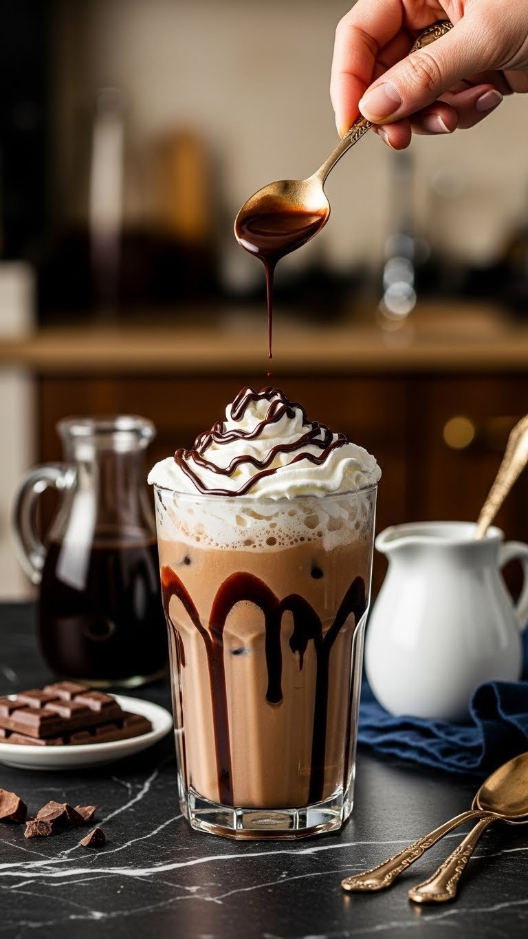 Decadent iced mocha drizzled with chocolate syrup and topped with whipped cream on dark marble surface