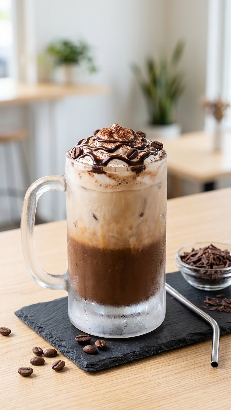 Sugar Free Protein Coffee: Ultimate Guide to Recipes & Brands 3 Decadent iced sugar-free mocha protein coffee in a frosted glass with chocolate drizzle, whipped cream, and cocoa powder.