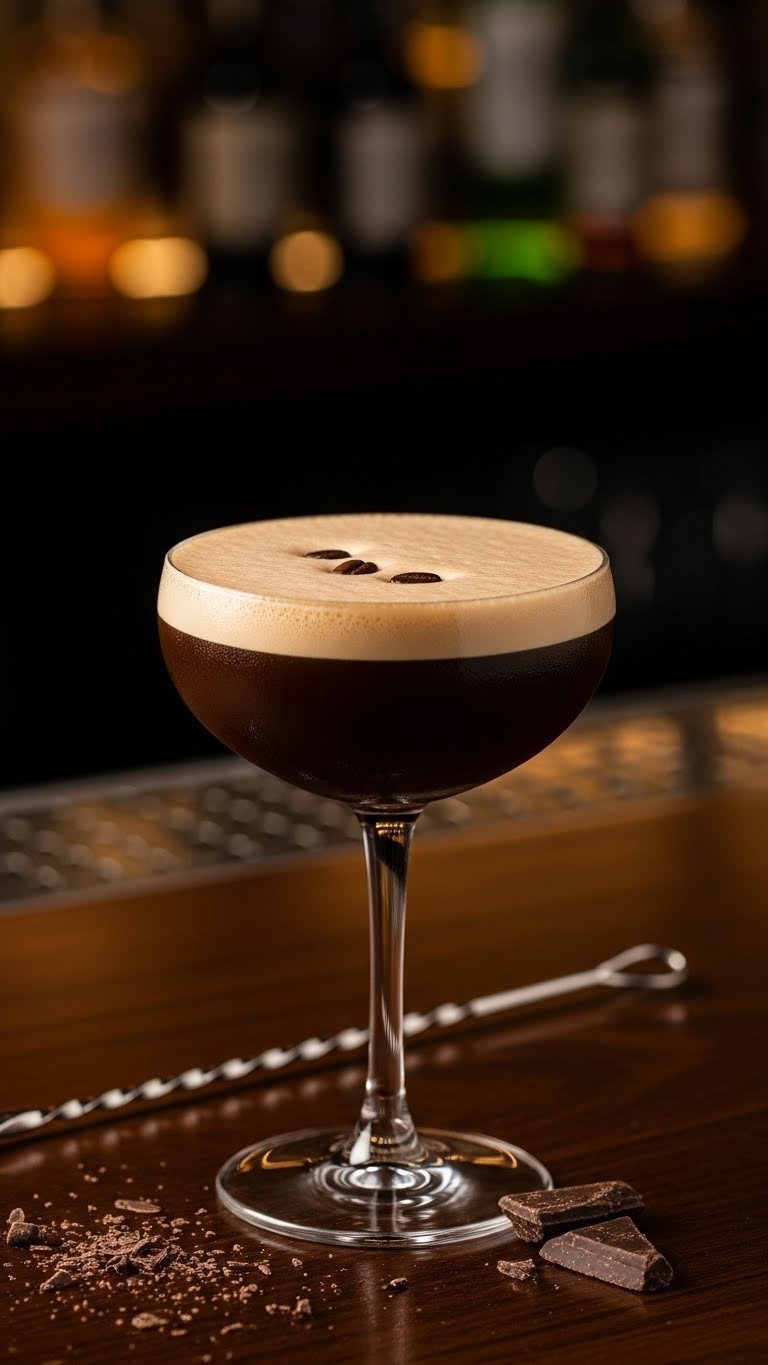Decadent keto almond joy espresso martini mocktail in coupe glass with three floating coffee beans