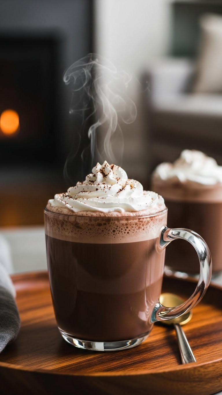 Decadent keto hot chocolate with whipped cream in ceramic mug on dark wooden tray by fireplace.