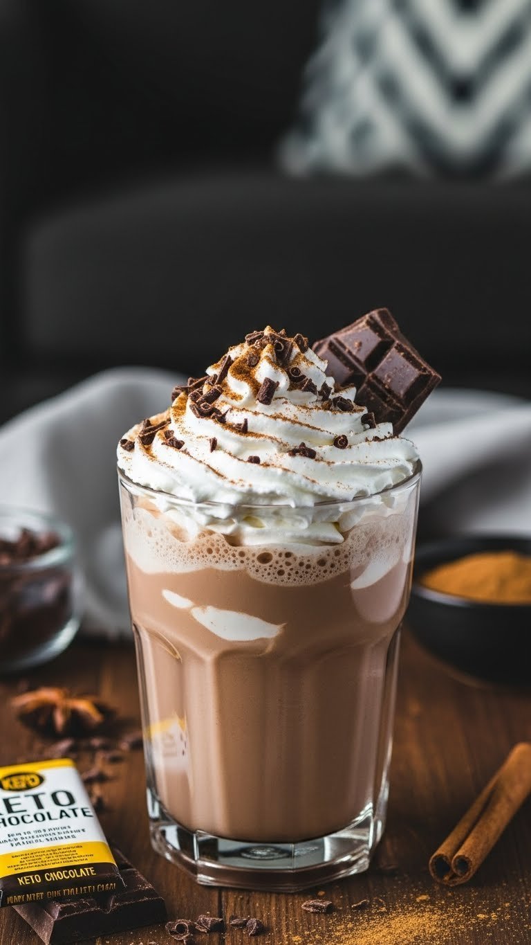 Keto Whipped Coffee Recipe: Perfect Fluffy Dalgona 9 Decadent keto mocha whipped coffee topped with chocolate shavings and cinnamon in glass on dark wood surface