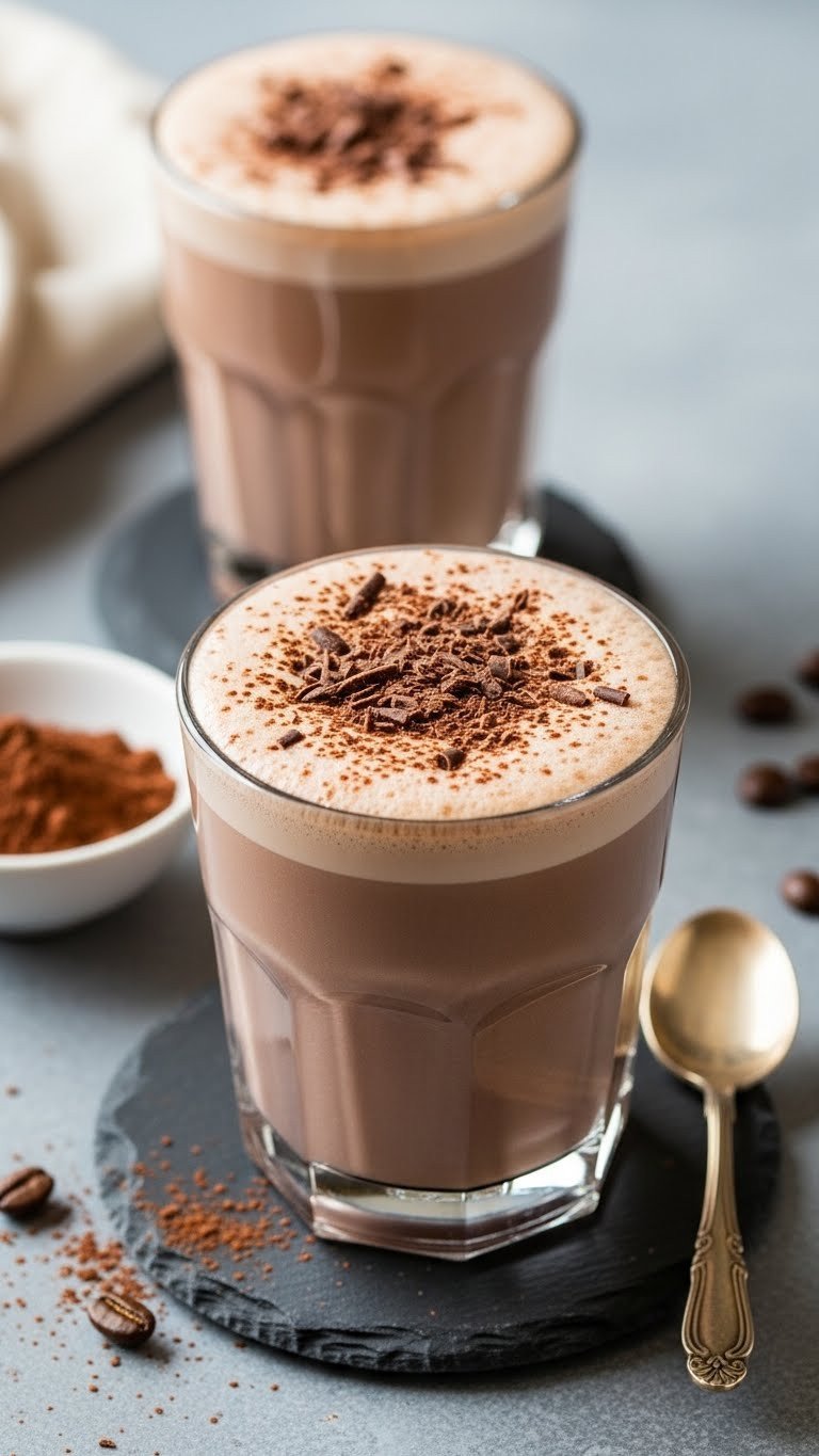 7 Arbonne Protein Coffee Recipes That Actually Taste Good 9 Decadent mocha Arbonne protein shake in a glass on a dark slate coaster