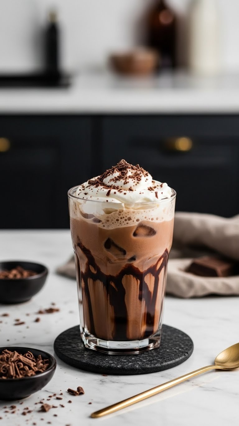Decadent mocha instant iced coffee with chocolate sauce swirls and whipped cream topping on marble countertop