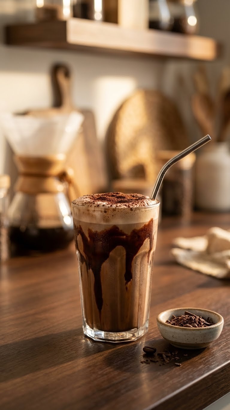 Cold Brew Protein Coffee: 7 Delicious Recipes for Energy 3 Decadent mocha muscle boost protein cold brew shake with chocolate syrup drizzle and cocoa powder on a dark countertop.