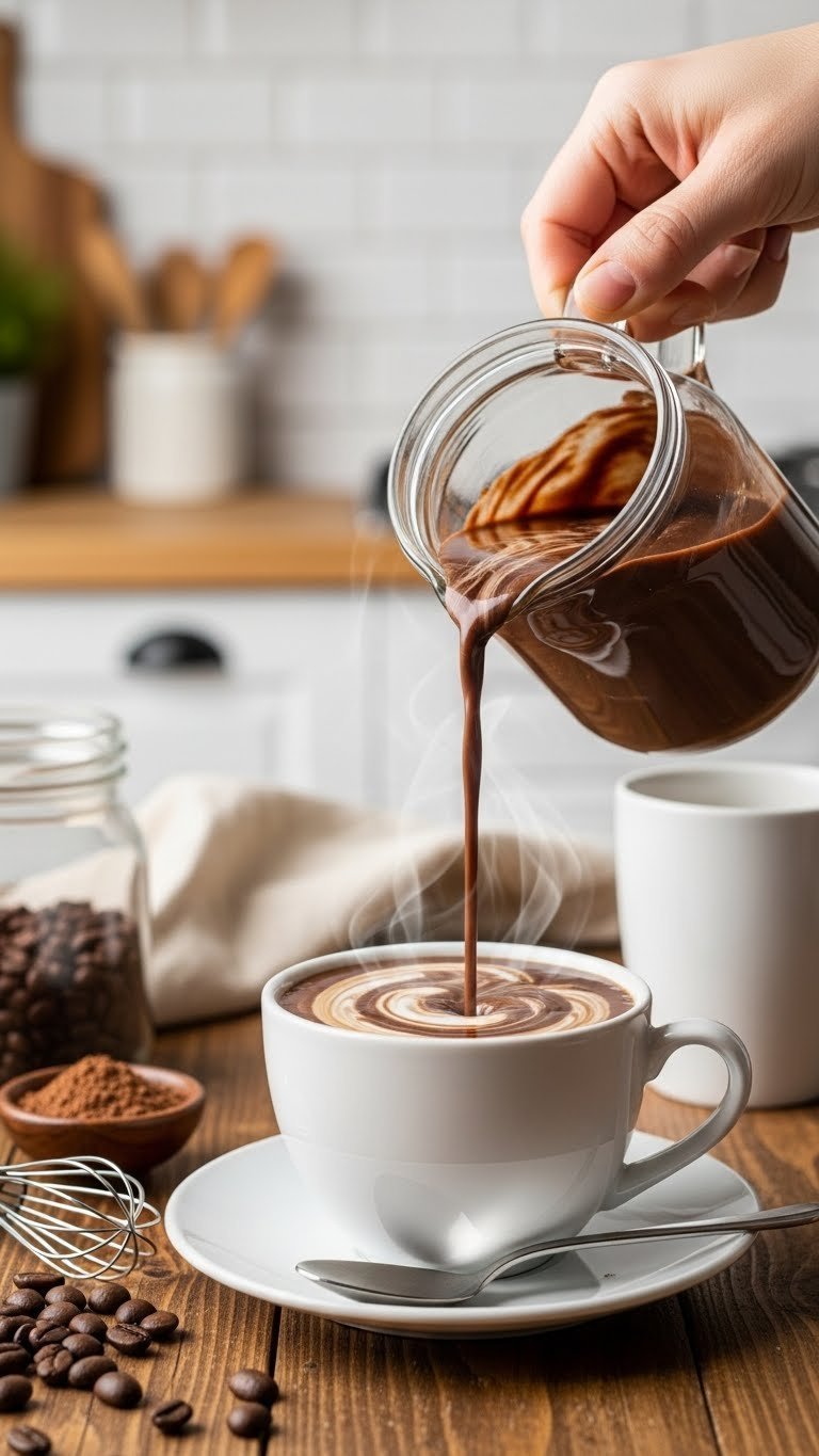 Decadent mocha swirl keto coffee creamer with chocolate swirls being poured into steaming coffee mug on rustic wooden table