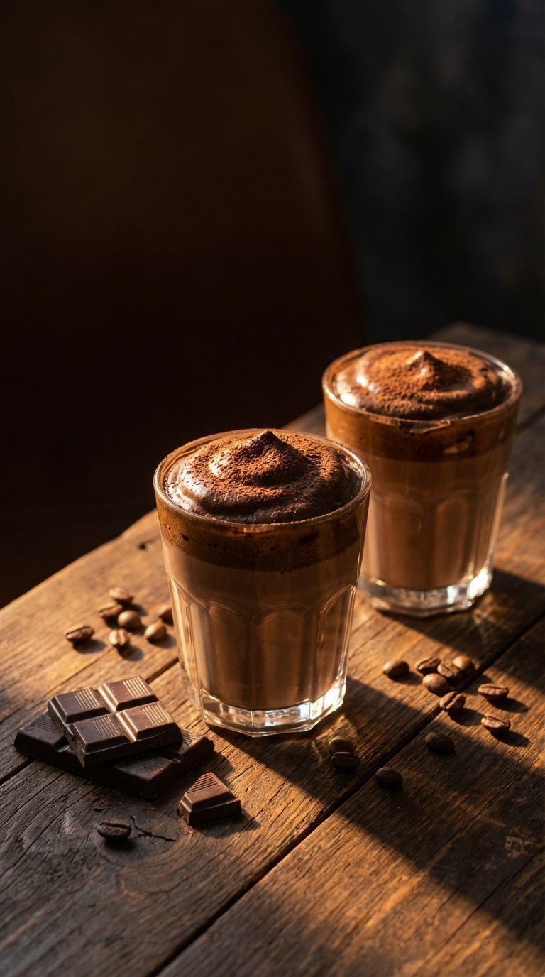 Whipped Coffee Protein Shake Easy High Protein Recipe Guide 5 Decadent mocha whipped coffee protein shake with chocolate-infused foam and cocoa powder on rustic wooden table