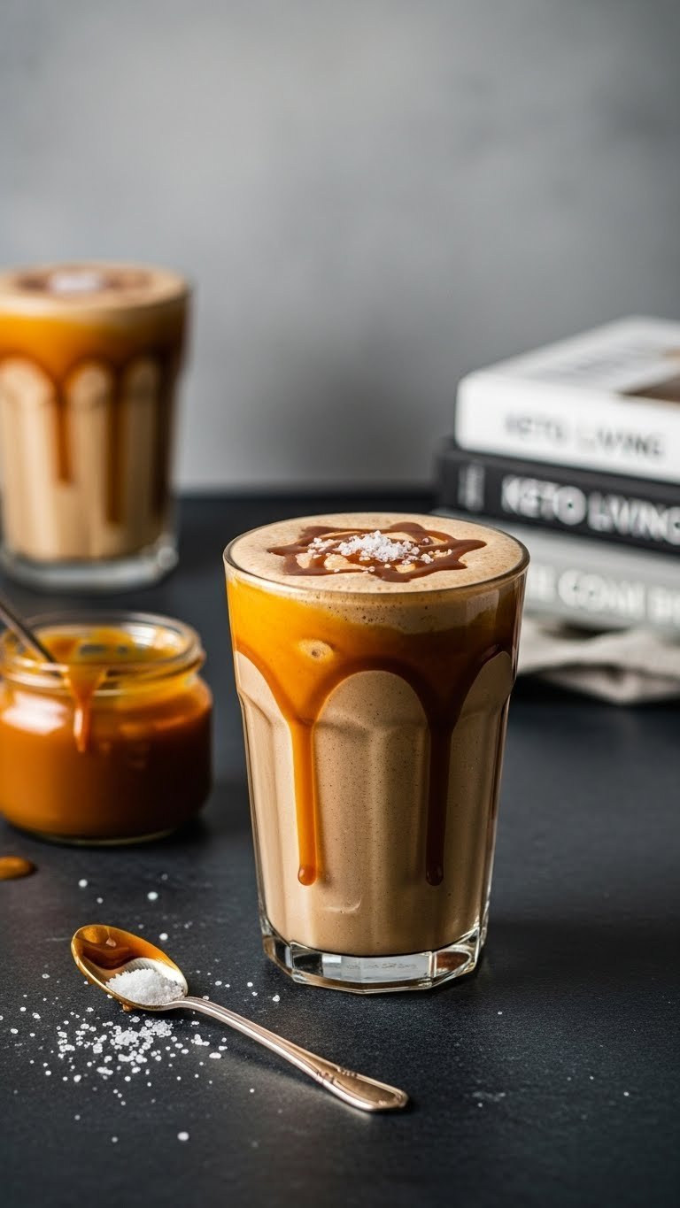 Decadent salted caramel keto coffee protein shake with caramel drizzle and sea salt garnish