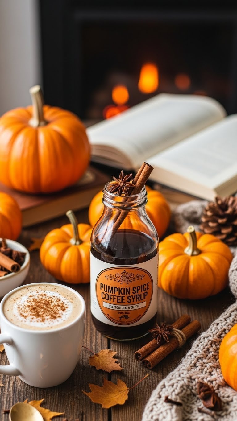 Decorative glass bottle of pumpkin spice coffee syrup garnished with cinnamon stick and autumn leaves on cozy knit blanket