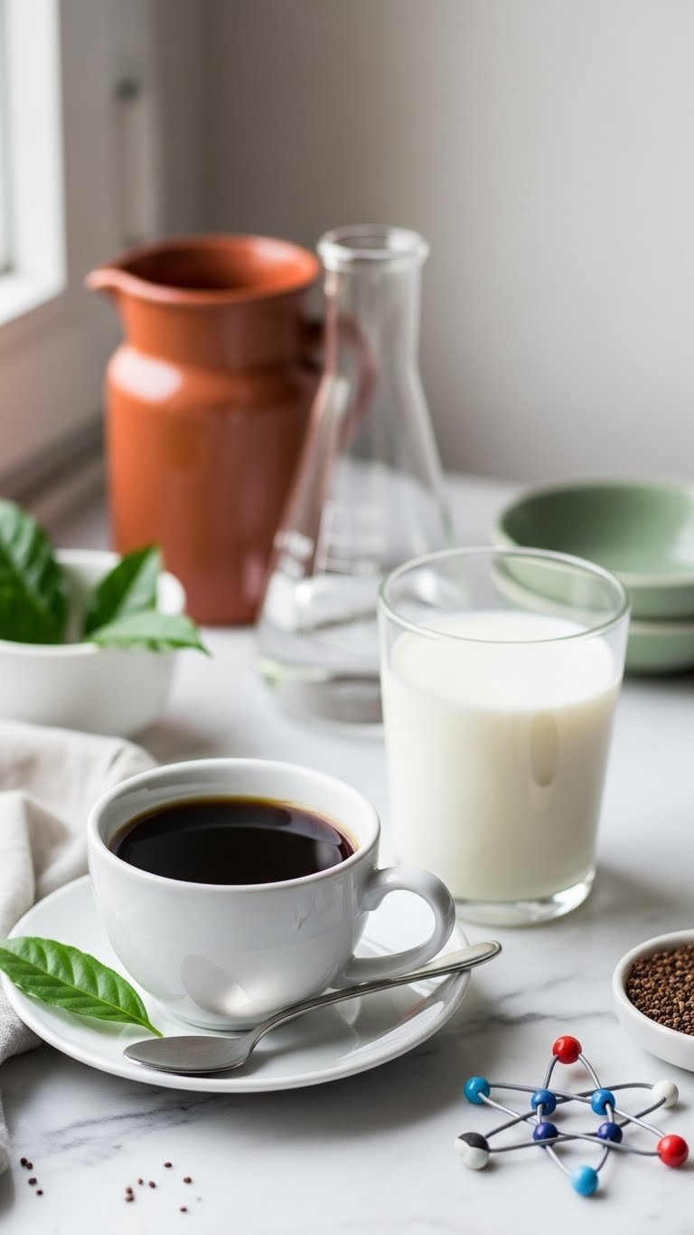 Black Coffee vs Milk Coffee: Your Definitive Health Guide 7 Delicate black coffee in a cup with fresh milk and a coffee leaf on marble, emphasizing antioxidant benefits.