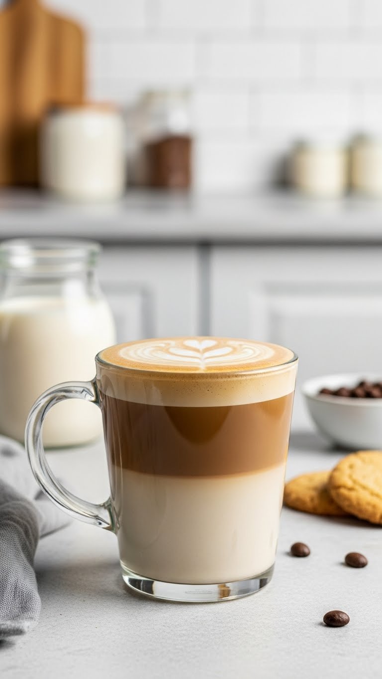 Delicate dairy-free almond milk protein latte in a glass mug with creamy layers and latte art on a light stone surface.
