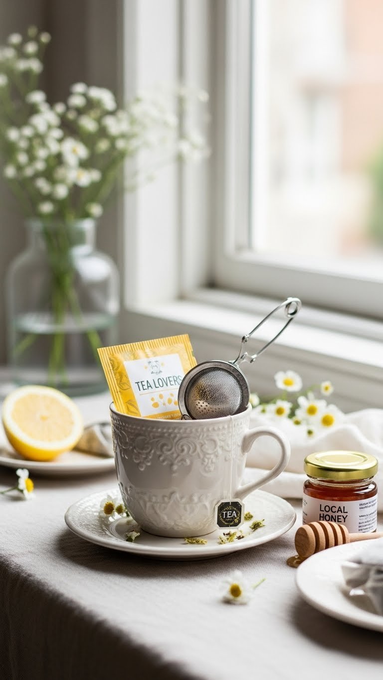 Delicate porcelain tea mug with artisanal tea bags, tea infuser, and local honey on linen tablecloth