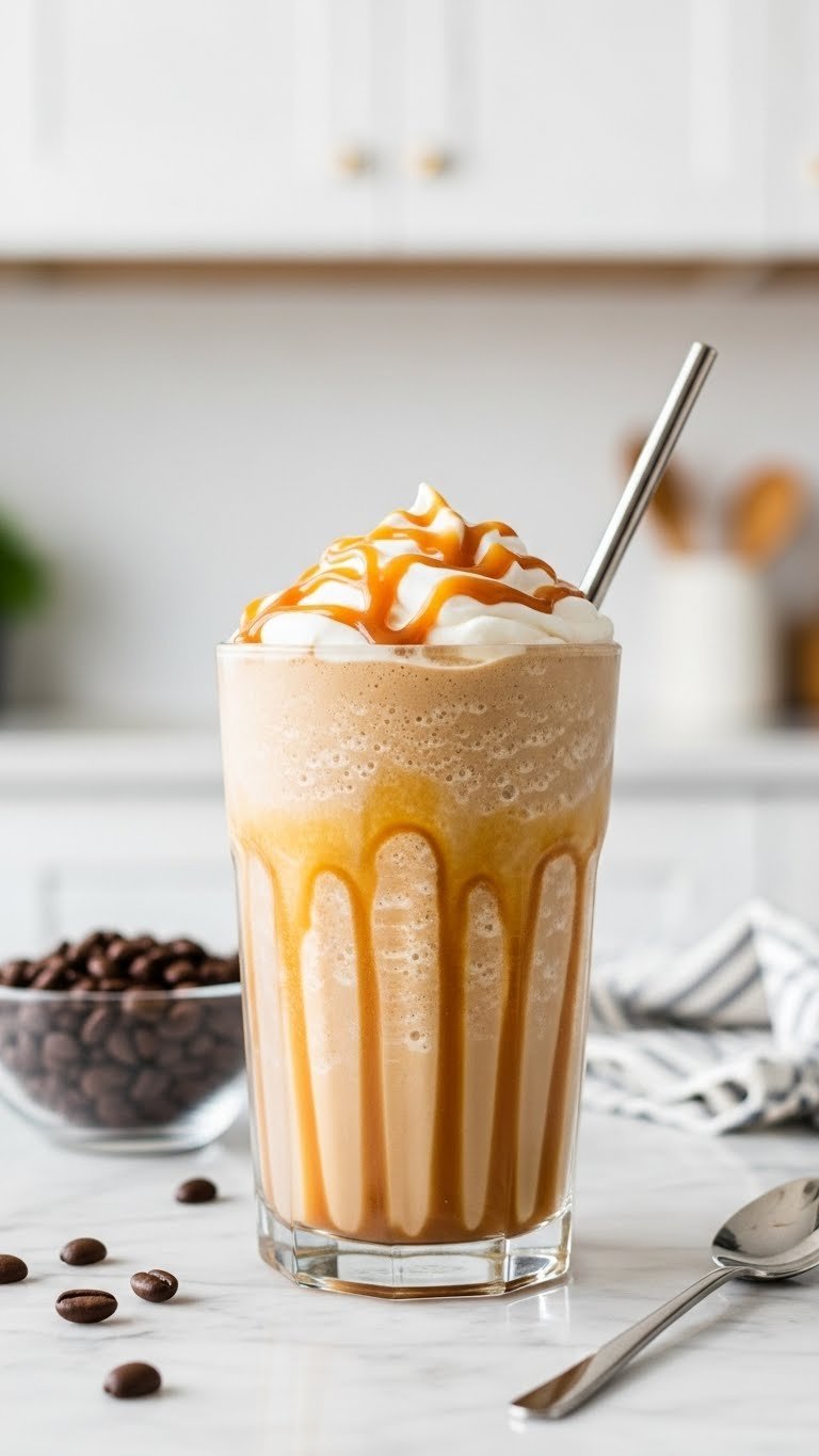 Delicious caramel frappuccino-style protein coffee with rich caramel swirl, whipped cream, and coffee bean on marble.