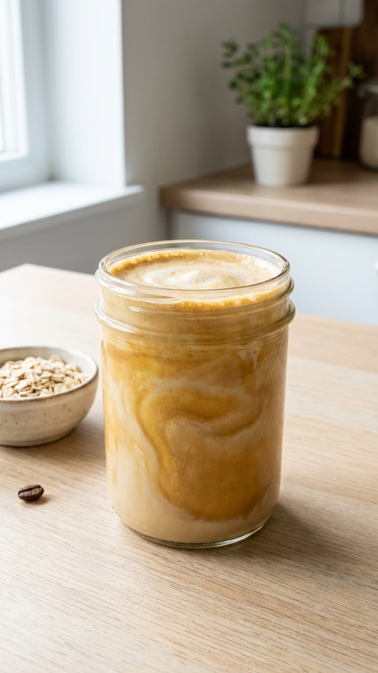 Protein Coffee Creamer: Essential Guide to Healthy & Delicious Coffee 1 Delicious homemade protein coffee creamer in a clear glass jar, with a frothy top, on a wooden table alongside oats for a healthy breakfast.