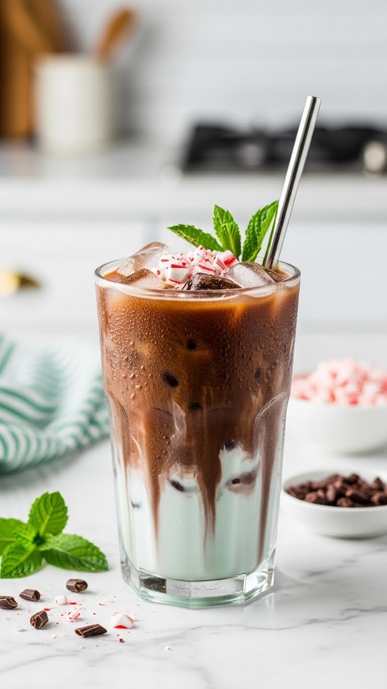 Delicious iced peppermint mocha protein coffee featuring chocolate layers, mint, ice, and fresh mint sprig on marble.