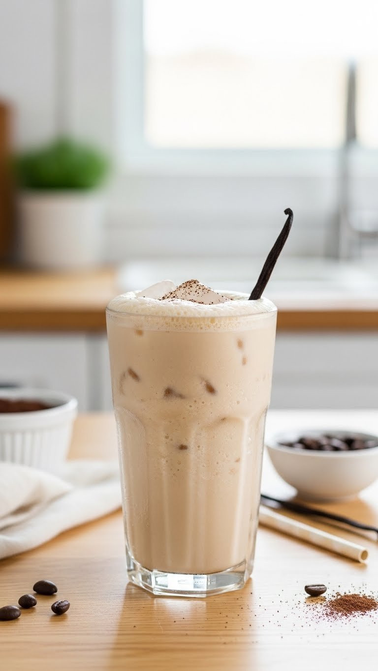 Delicious iced vanilla protein coffee with a foamy top, ice cubes, and vanilla bean garnish on a wooden table, perfect for a refreshing treat.