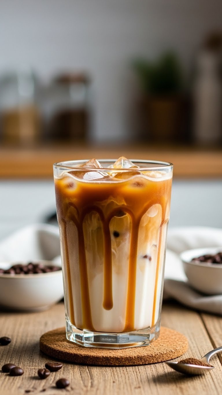Easy Premier Protein Coffee Recipes: 11 Delicious Drinks 1 Delicious layered iced caramel protein coffee in a clear glass, with golden caramel drizzle and ice, on a rustic wooden table.