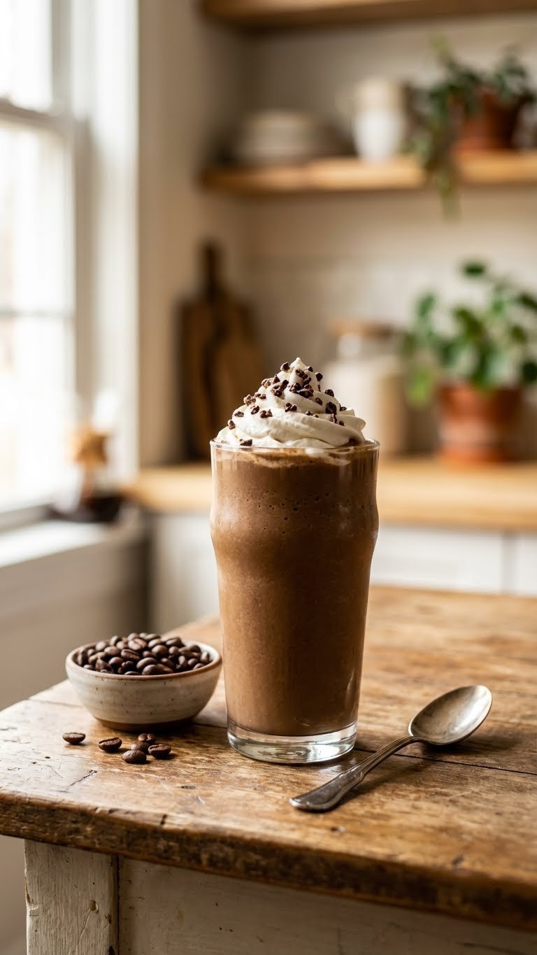 Protein Coffee Smoothie: Delicious Energy & Muscle Boost 1 Delicious mocha protein coffee smoothie topped with whipped cream and cacao nibs on a rustic table, ready for a cozy kitchen breakfast.