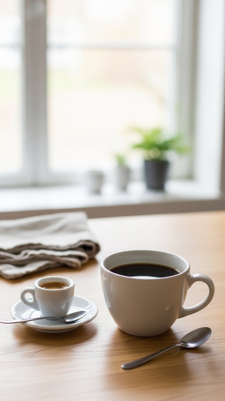 Demitasse espresso cup contrasted with large black coffee mug on light wooden table with linen napkin and spoons.