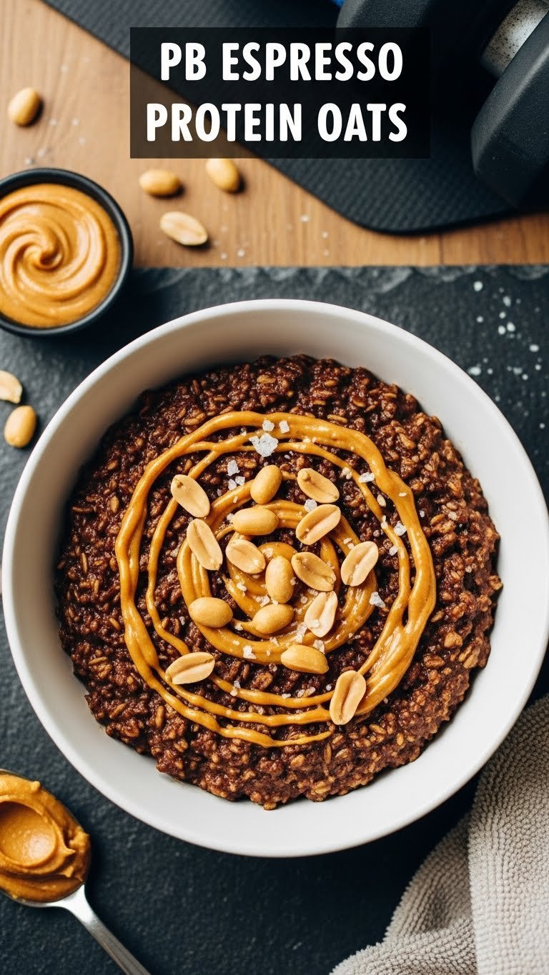 Dense PB Espresso Protein Oats with peanut butter swirls, roasted peanuts & sea salt on dark stone, fitness context.