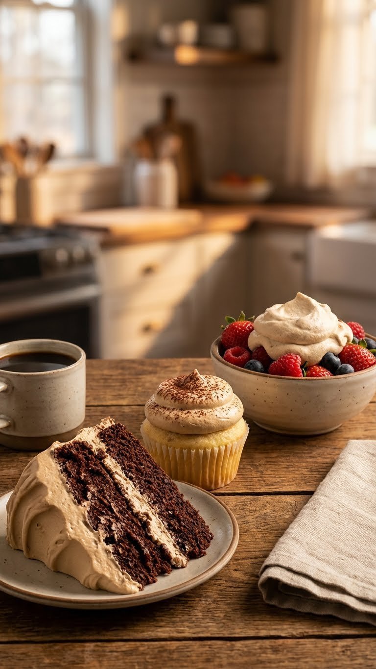 Whipped Coffee Frosting Recipe Easy Stable Fluffy Guide 13 Dessert spread featuring whipped coffee frosting on chocolate cake, cupcake, and berries