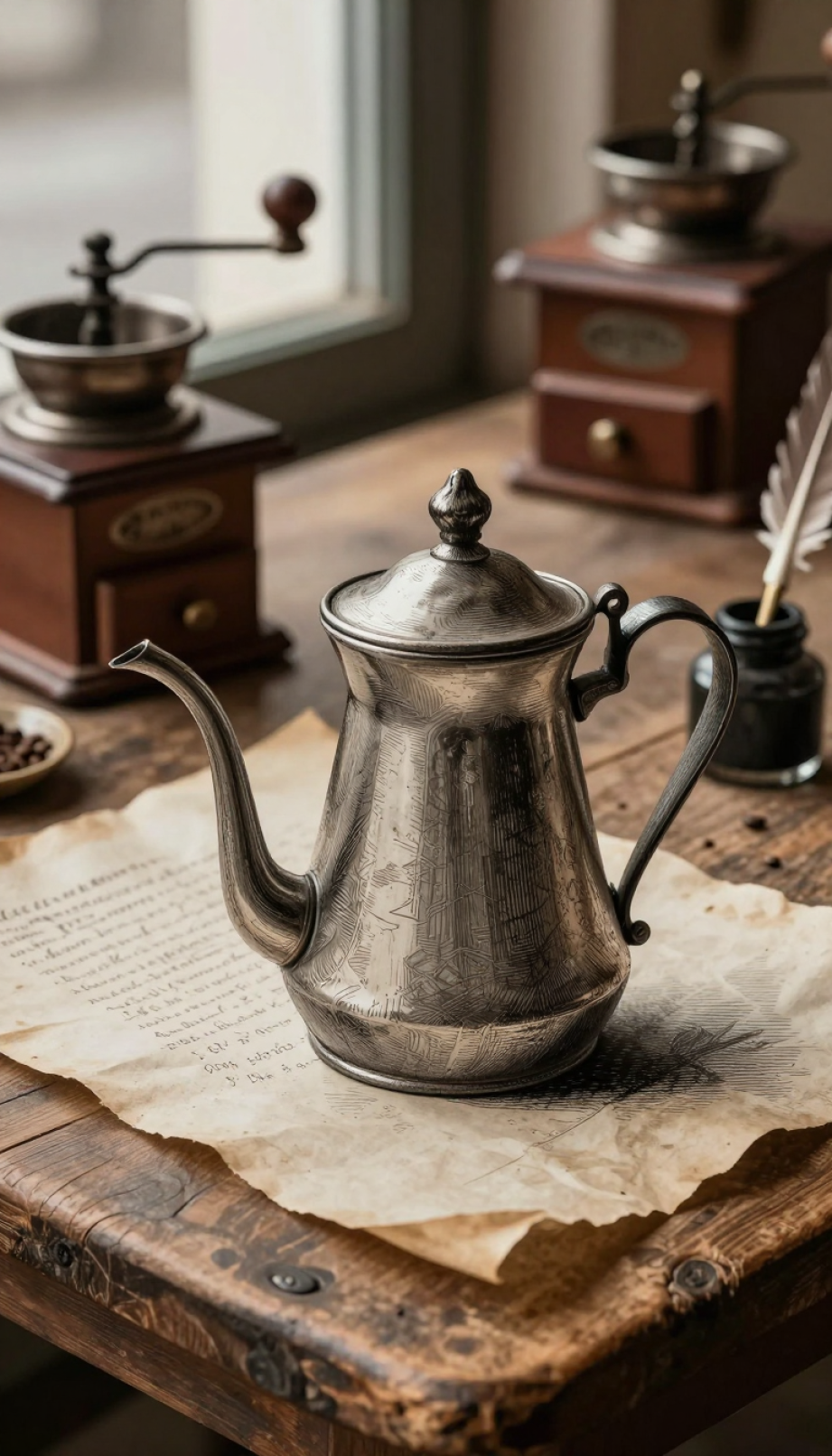 Detailed black coffee engraving with cross-hatching on rustic wooden table