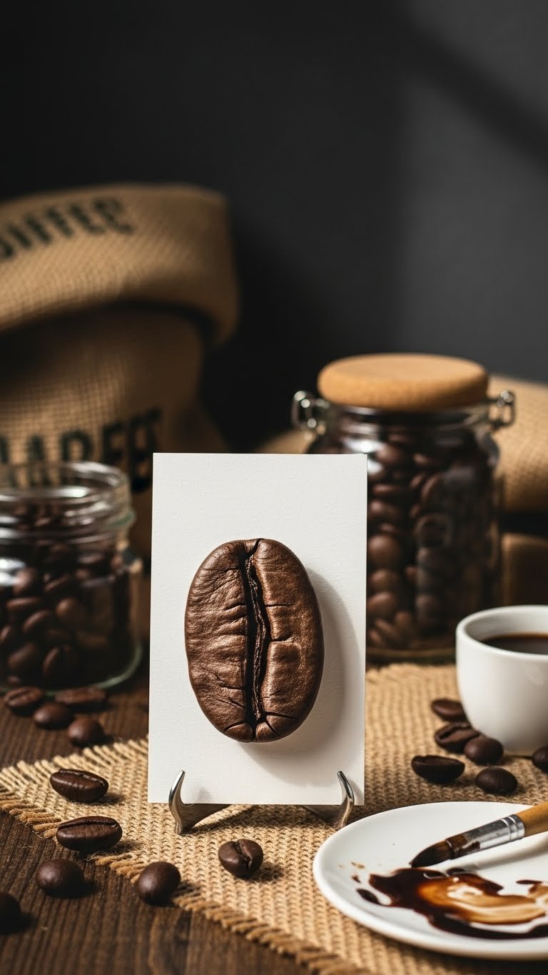Detailed coffee bean still life with textured surfaces rendered in coffee washes