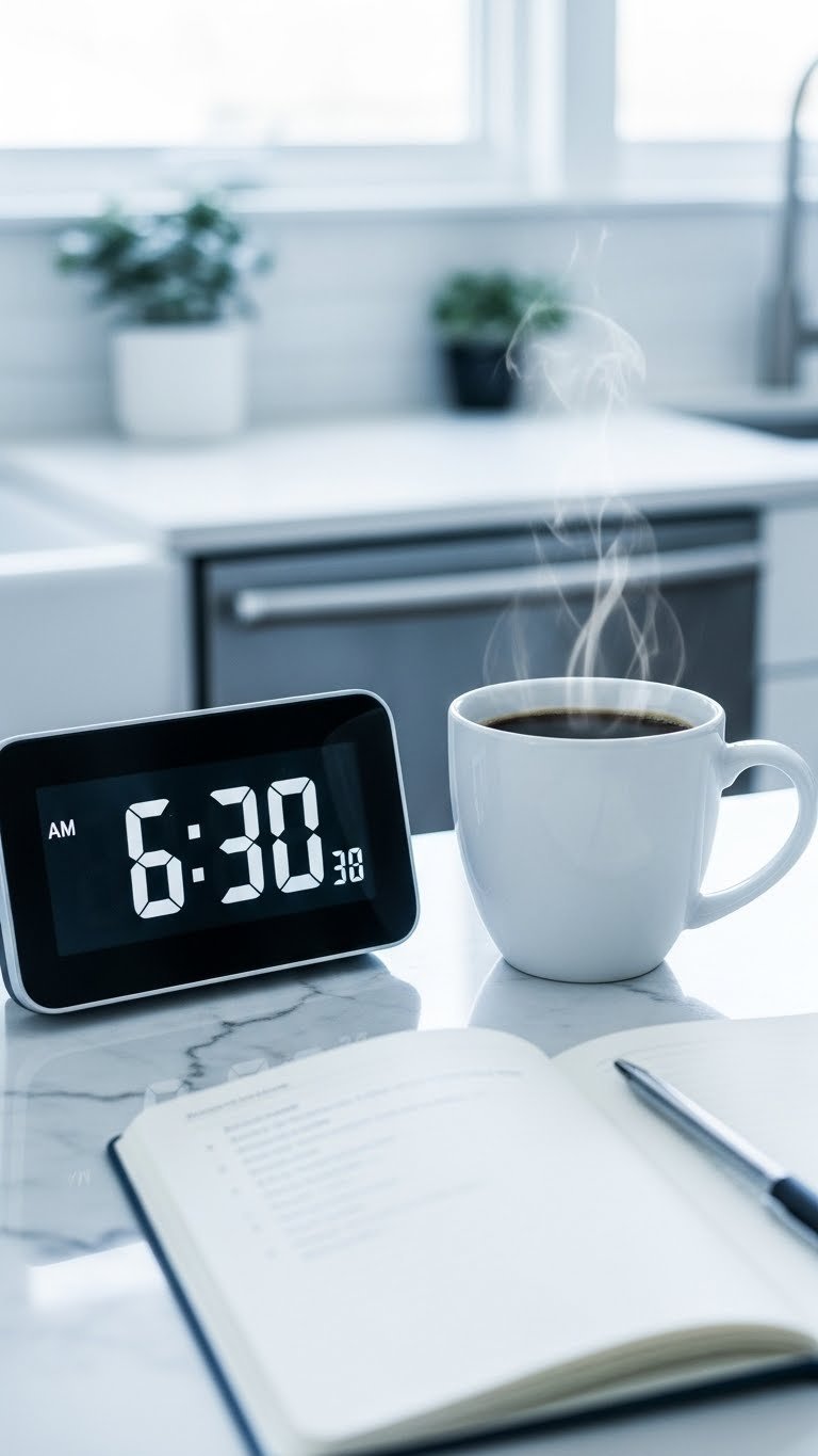 Digital clock showing early morning time next to steaming black coffee on white marble countertop