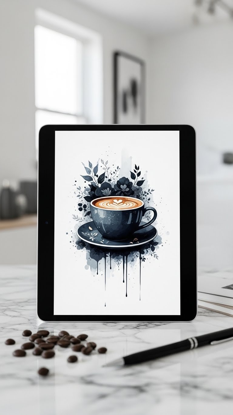Digital grunge coffee illustration on tablet screen featuring stylized dark coffee cup with distressing and abstract motifs