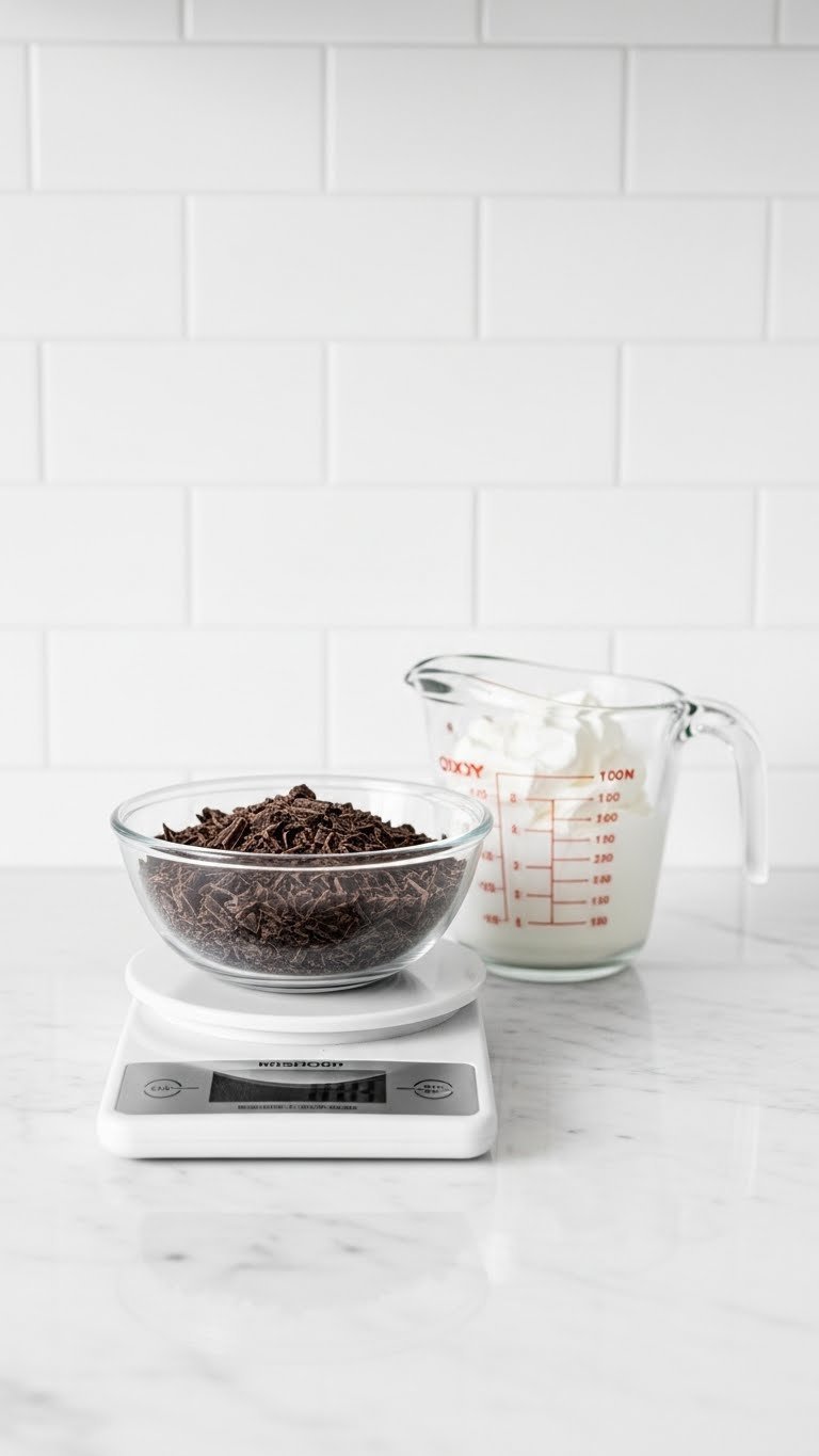 Whipped Coffee Ganache Recipe With Perfect Pipeable Texture 3 Digital kitchen scale with chopped chocolate on white marble countertop next to cream measuring cup