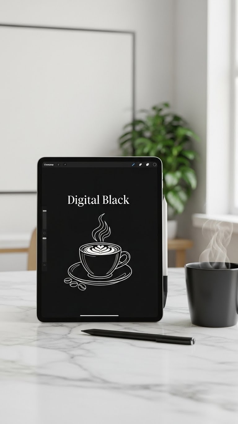 Digital tablet displaying minimalist black coffee illustration with stylus pen and ceramic mug on modern marble countertop.