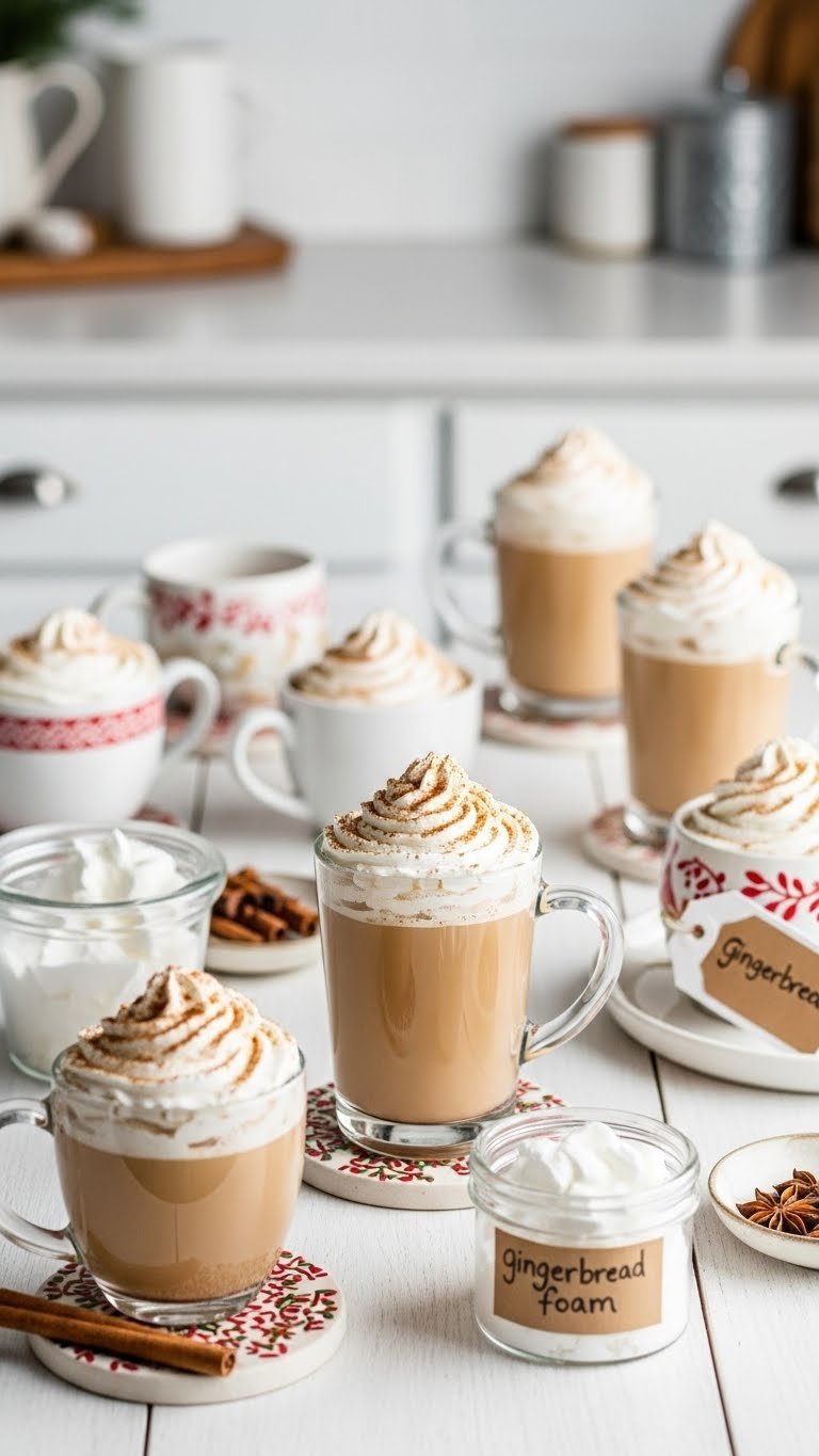 Display of gingerbread whipped coffees in glass and ceramic mugs, with containers, whole spices on a white wooden table.