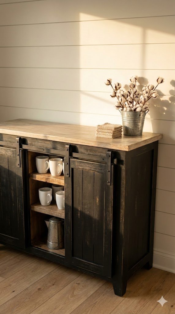 Distressed black farmhouse coffee bar cabinet with sliding barn doors and rustic wood countertop in cozy setting