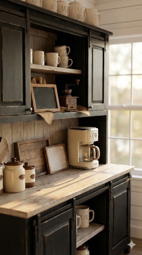 Distressed black farmhouse coffee bar cabinet with sliding barn doors and vintage coffee canisters