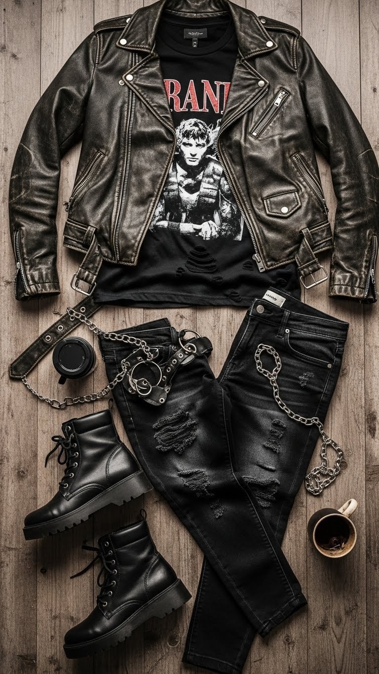 Distressed black grunge clothing outfit featuring band tee, ripped jeans, leather jacket, and chunky boots with dark coffee cup on rustic wooden floor