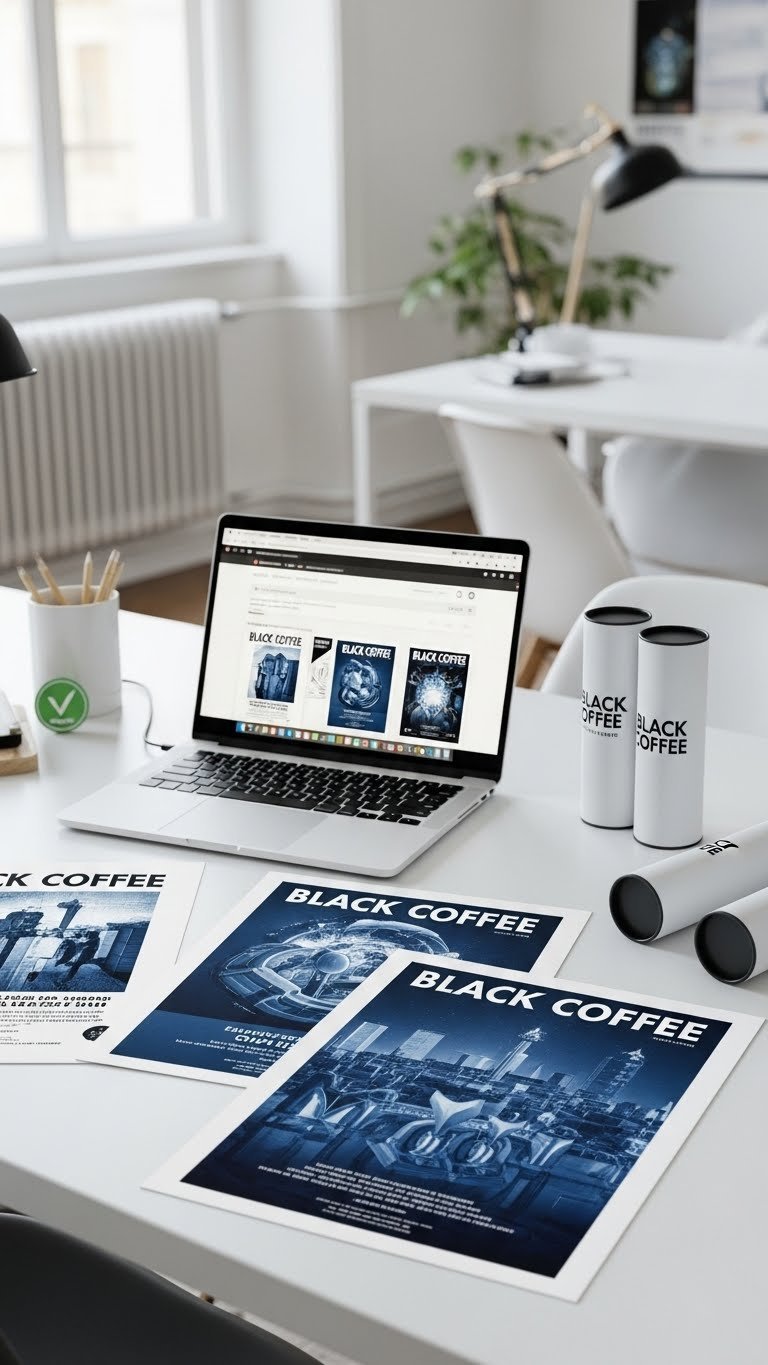 Black Coffee Art: The Definitive Guide to Collecting Posters 4 Diverse collection of Black Coffee event posters in protective sleeves displayed on white desk with e-commerce laptop