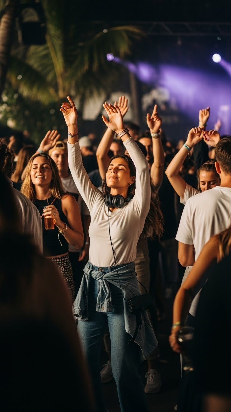 Diverse crowd dancing joyfully to deep house music with atmospheric golden hour lighting