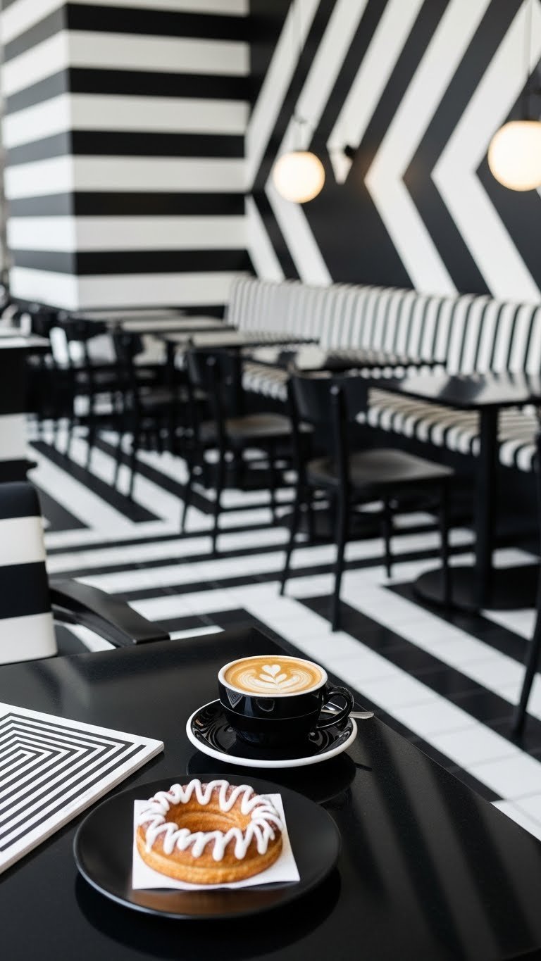 Dramatic interior of Kuroi Kontrast cafe with bold black and white geometric patterns and contrasting furniture