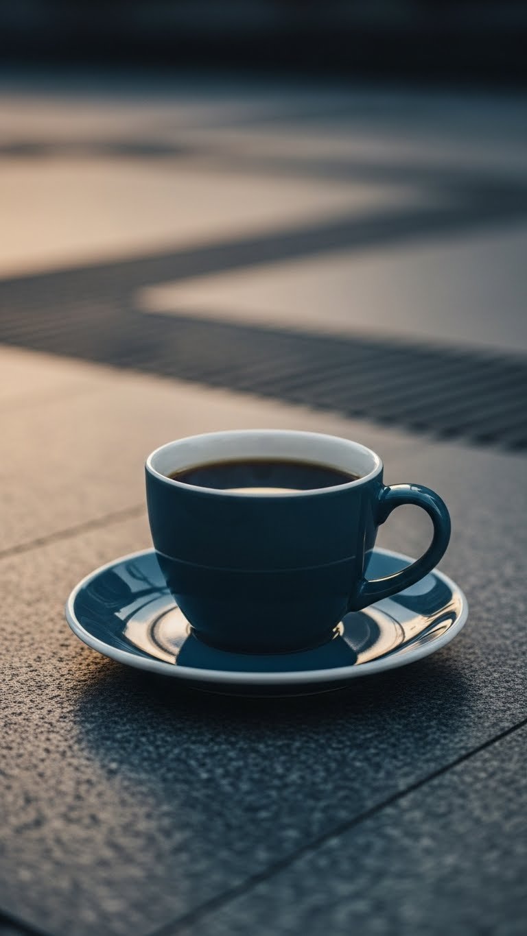 Dramatic low-angle shot of black coffee mug with strong side lighting on textured stone surface