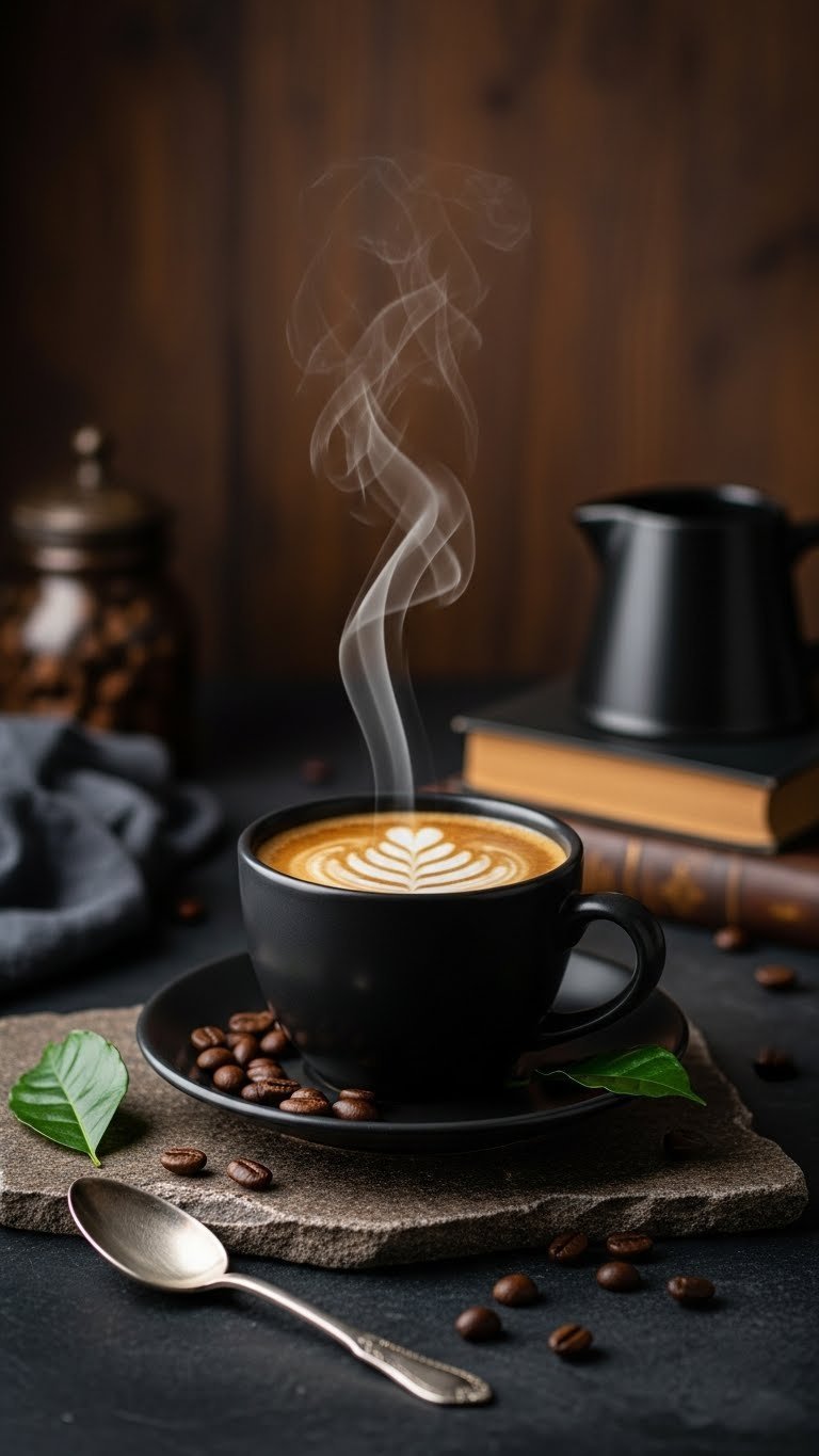 Dramatically lit minimalist black coffee mug with crema, coffee beans, and vintage silver spoon on textured dark surface.