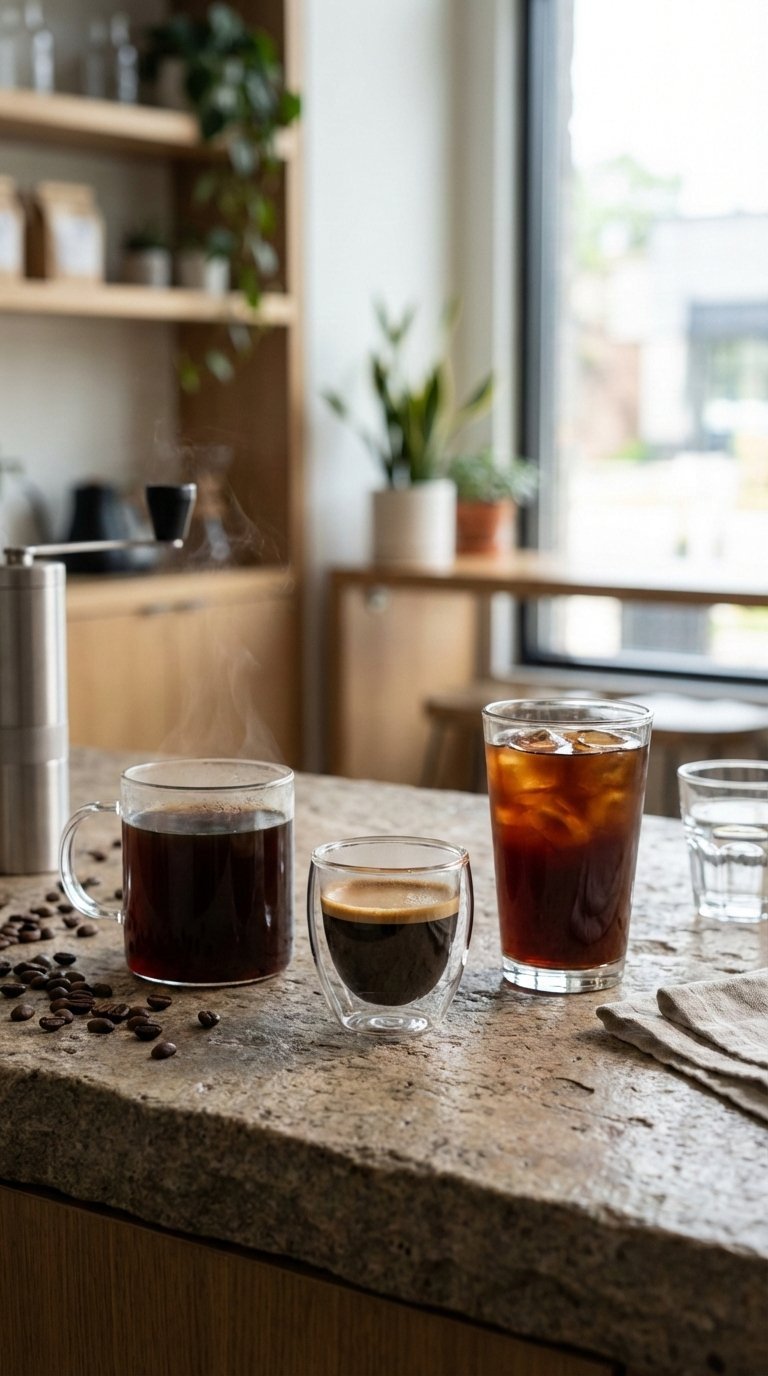Drip coffee, espresso, and cold brew comparison for gym preparation on stone surface