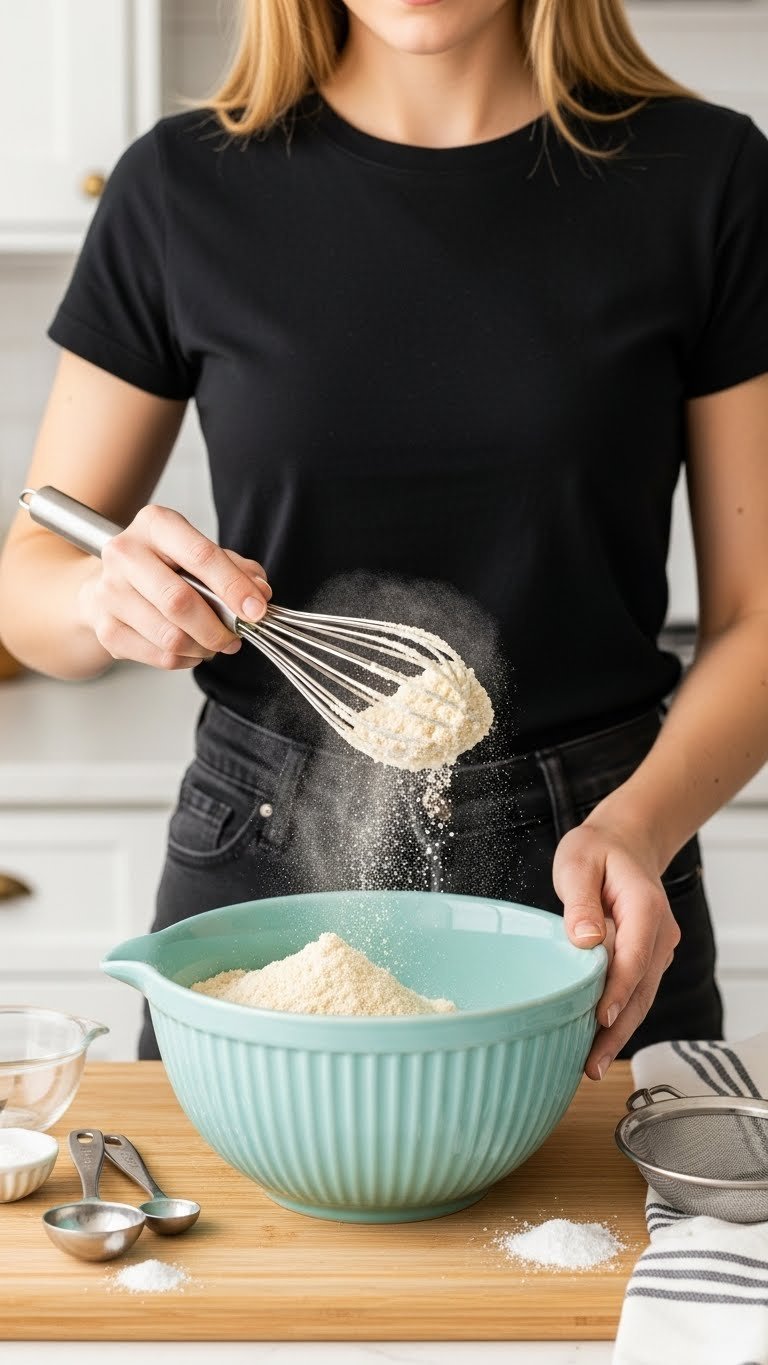Dry keto cake ingredients mixing in light-colored bowl with almond flour, erythritol, baking powder, and salt being whisked with dust cloud