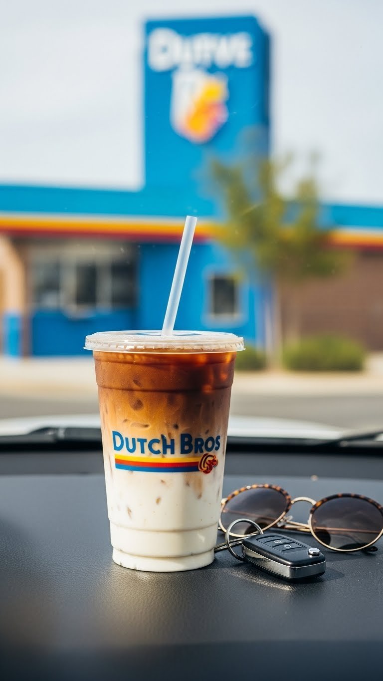 Dutch Bros keto iced coffee in signature cup at 45-degree angle with dark coffee base and creamy layer against vibrant outdoor drive-thru background.